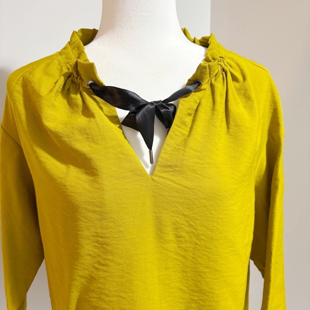 Cop. Copine Bino Blouse Olive Mustard Yellow Size Large XL Gathered Neckline - Picture 4 of 14